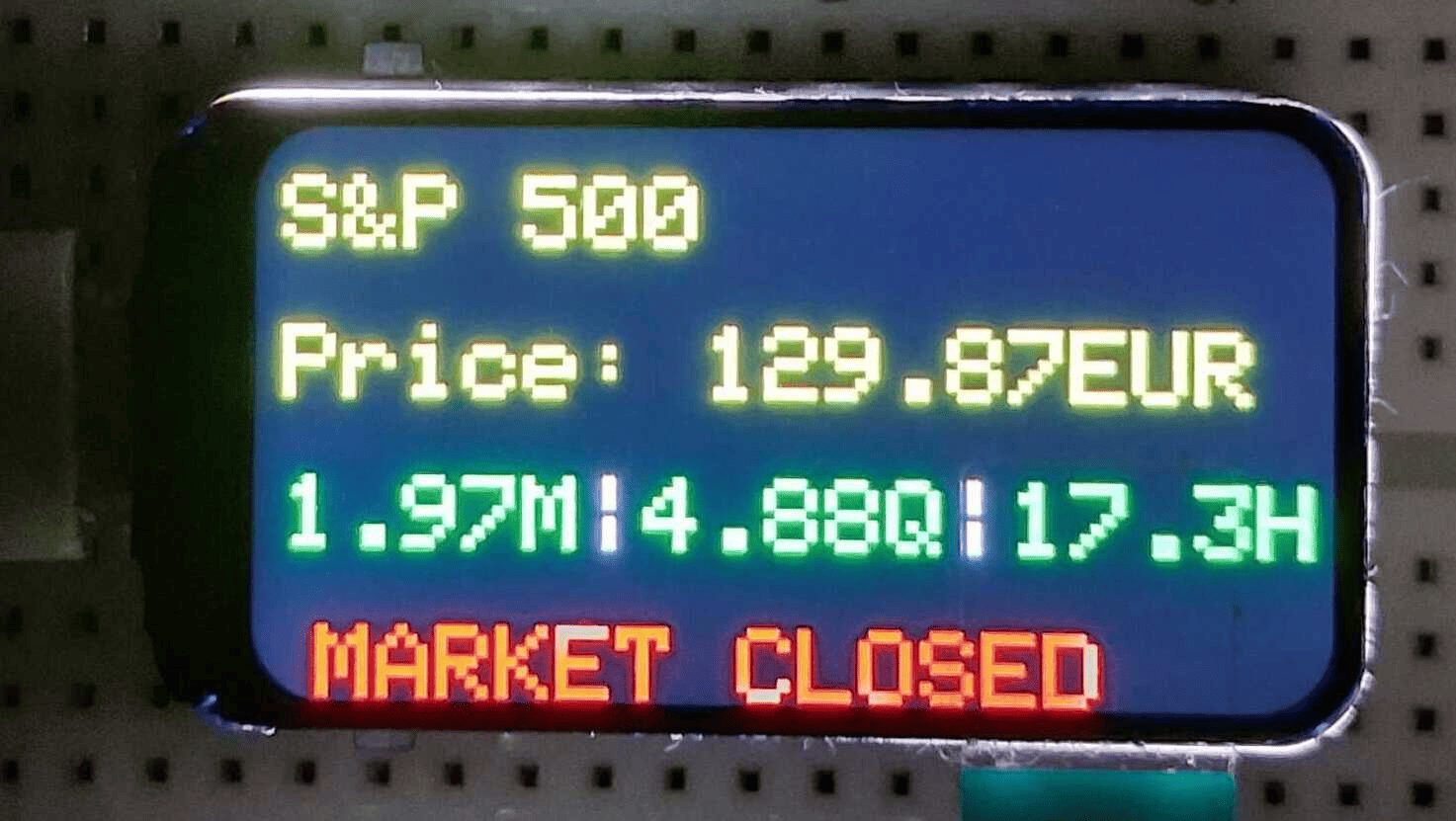 Display LCD ESP32-C6 da 1,47 pollici con dati di mercato live a mercati chiusi | ESP32-C6 1.47-inch LCD screen displaying performance during close market